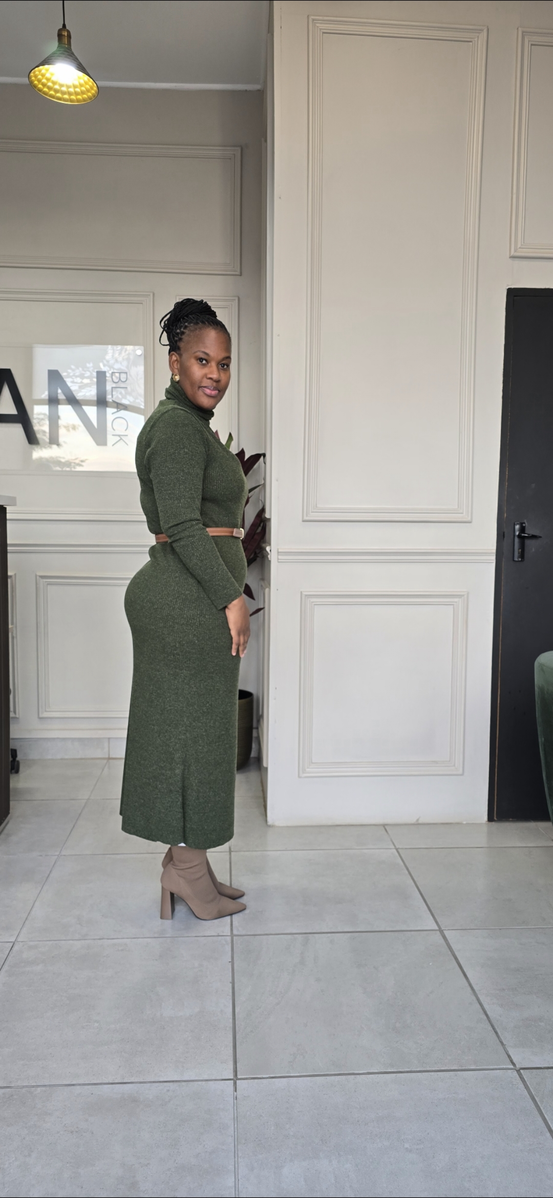  ZanBlack| Olive Green Turtleneck Dress