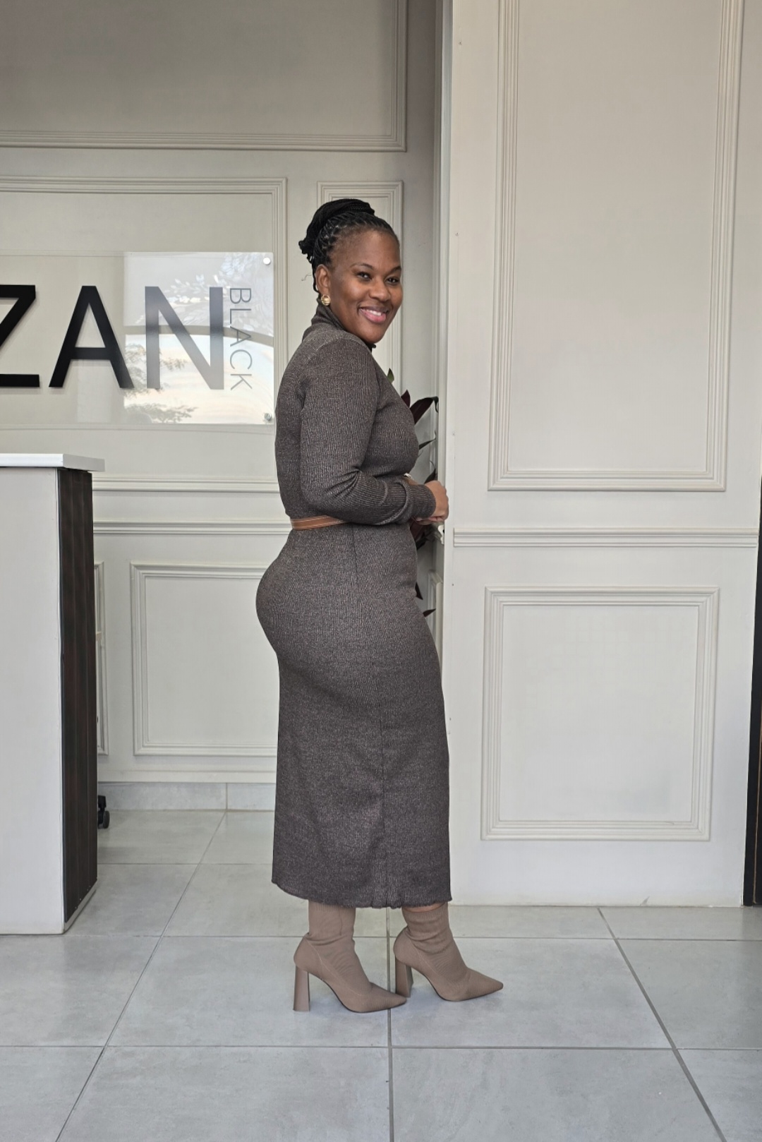 ZanBlack| Brown Turtleneck Winter Dress